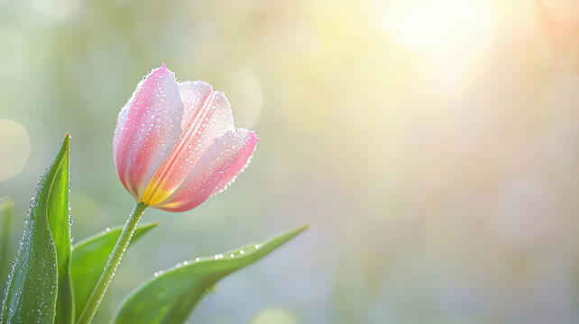 dew covered tulip in sharp focus, surrounded by soft, blurred background, evokes sense of tranquility and beauty