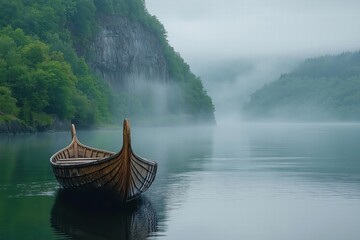 Misty morning at a tranquil lake with a wooden boat and lush green surroundings