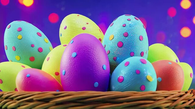 colorful easter eggs in a woven basket with a vibrant background