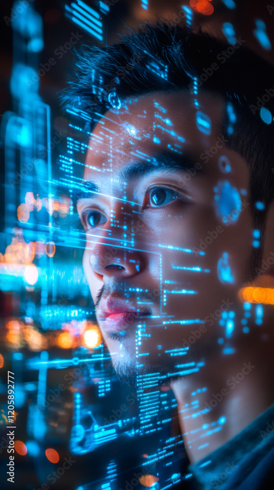 Aufkleber Skilled Asian programmer examining holographic interface, processing complex source code and digital data visualization