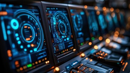 Futuristic control room monitors displaying data with blurred background lights