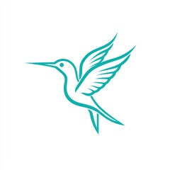 Fototapeta premium Teal hummingbird in flight, nature, simple design, white background, logo use