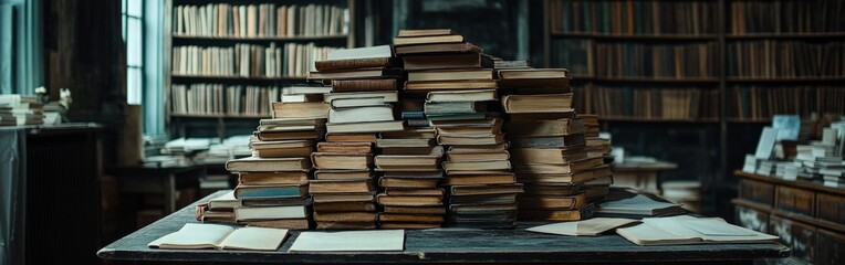 Stacks of books with potted plants in a bookstore cafe, symbolizing learning, leisure, and a cozy atmosphere. Great for lifestyle and educational content.