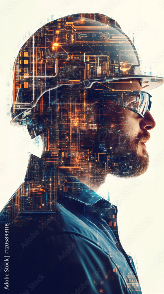 Aufkleber profile of an industrial worker with augmented reality glasses and hardhat, electronic circuits and 