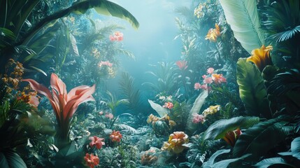 Fototapeta premium Lush Tropical Garden Scene With Vivid Flowers And Plants