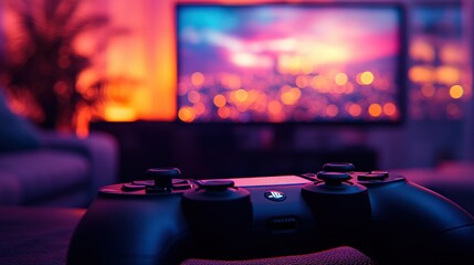 Gamepad on sofa, city lights on TV in cozy living room