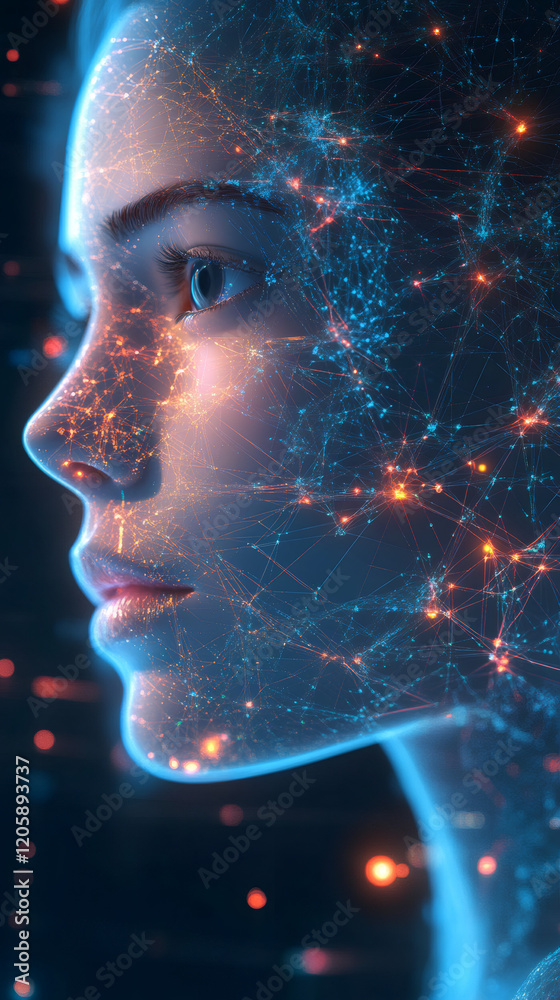 Poster artificial intelligence forming from network connections illuminating the face of a woman, concept o