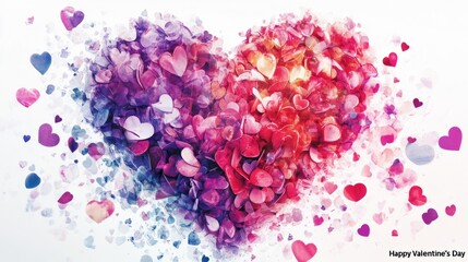 Fototapeta premium Red big heart made of small red and purple hearts on a white background. Valentine's Day greetings.