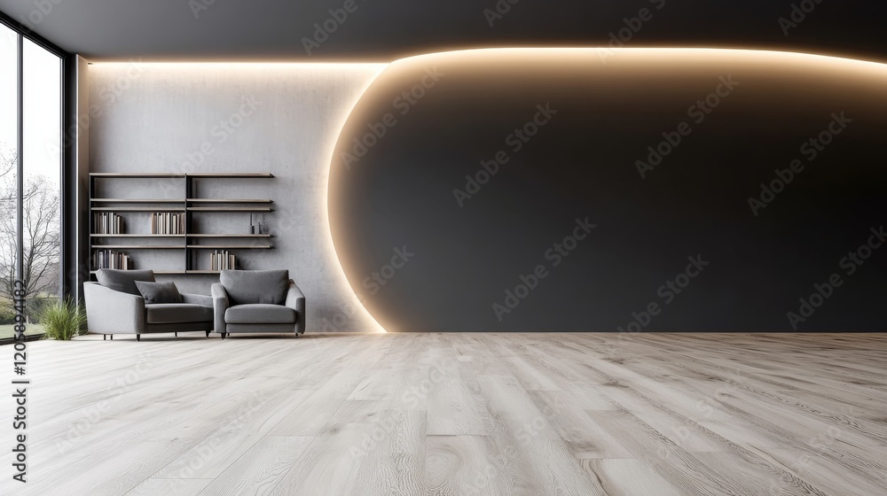Poster stylish scandinavian living room features sleek sofa and armchair against a muted color wall, with s