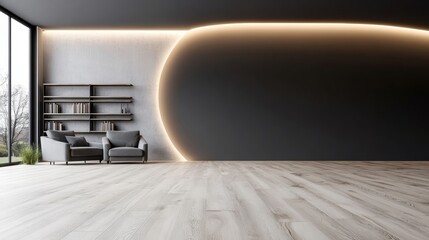 Stylish Scandinavian living room features sleek sofa and armchair against a muted color wall, with soft natural light creating an inviting atmosphere