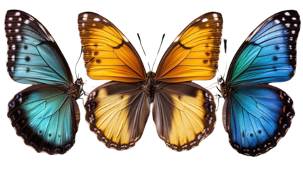  set of beautiful blue green yellow butterflies on white background.