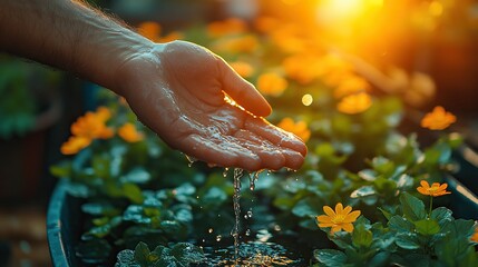 Gardener watering flowers in greenhouse at sunset