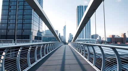 Obraz premium depicting a modern pedestrian bridge with gentle, soft light. Diffused shadows and subtle illumination highlight the bridge's sleek railings and minimalist design.