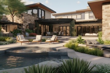 Fototapeta premium Modern Home Backyard Oasis Featuring Pool And Lounge Chairs