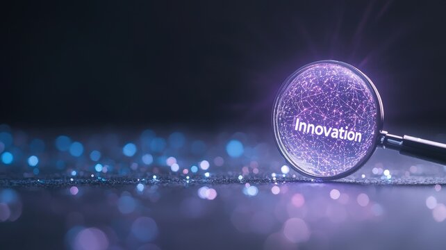 a magnifying on word of business concept. A magnifying glass focuses on the word "innovation" amid a sparkling background.