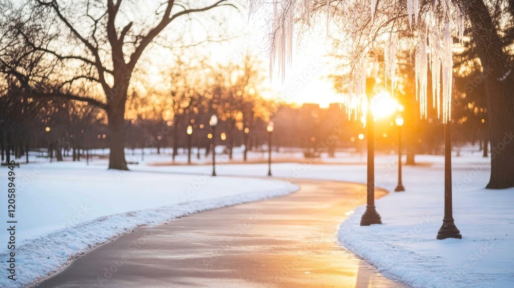 Poster sunlit icicles hang from tree branches, reflecting light along a snow-covered pathway that winds thr
