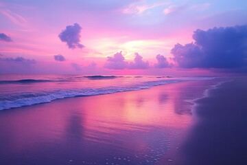 Obraz premium A deserted beach at dusk, with the sky glowing in shades of pink and purple, the beach serene and untouched, perfect for reflection.