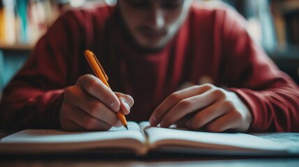 Close up of student's hands writing notes in notebook with an orange pen in a library or classroom setting, focused on learning and studying