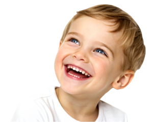 Portrait of a happy kid smiling and laughing, isolated on transparent background, cute innocent little child or toddler face with blue eyes and adorable expression of cheerful moment for banner ad