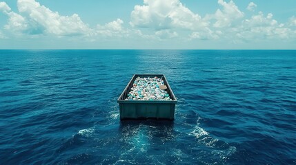 Obraz premium Ocean cleanup machine harvesting plastic waste with AI technology, green technology, sustainable ocean solutions