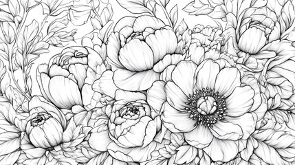 Fototapeta premium Detailed floral bouquet featuring peonies and tulips in a black and white line art style