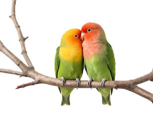 Fototapeta premium Two Lovebirds Perched on a Branch, Isolated Background