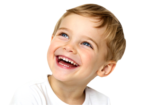 Portrait of a happy kid smiling and laughing, isolated on transparent background, cute innocent little child or toddler face with blue eyes and adorable expression of cheerful moment for banner ad