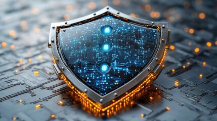 Obraz premium Layered shield icon with digital circuit patterns, [3D icon], [protection and technology].