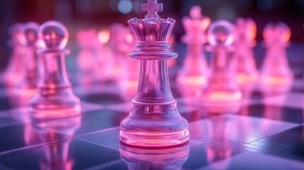 Glass chess queen on board, pink light, blurred background, strategy game
