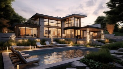 Fototapeta premium Modern Luxury Home With Pool And Landscaping