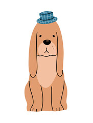 Spaniel dog in a hat. Funny pet. Cartoon animal character. Flat vector illustration isolated on white background