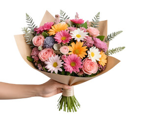 Hand holding a beautiful bouquet of mixed flowers in kraft paper.