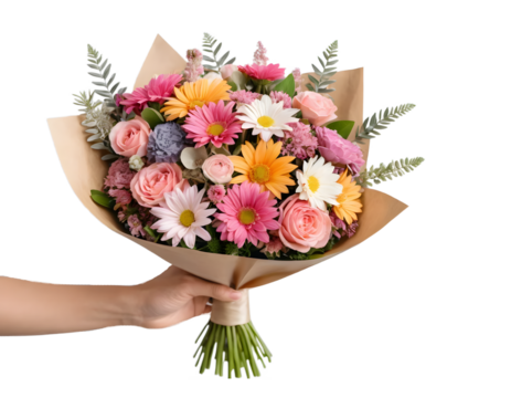 Hand holding a beautiful bouquet of mixed flowers in kraft paper.
