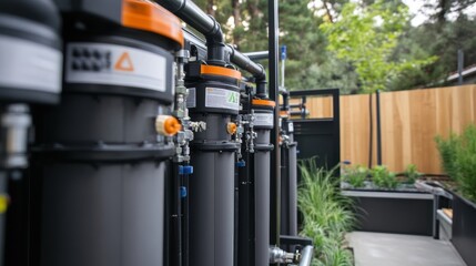 Modern water purification system with multiple filters and pipes installed in a backyard garden, providing clean and safe water for household use