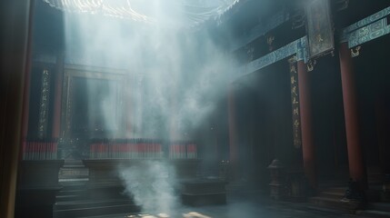 Fototapeta premium Sunlit Temple Hall Filled With Incense Smoke