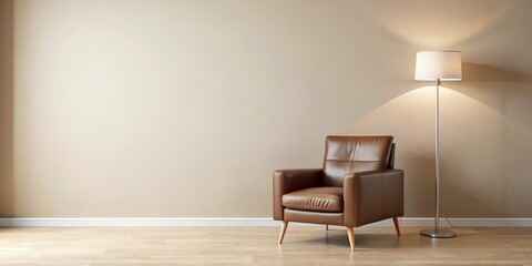 Relaxing Interior Scene with Brown Leather Armchair and Floor Lamp Against a Neutral Wall