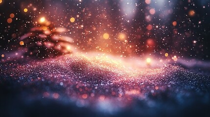 Obraz premium Glittering snowdrift, blurred fir tree, festive bokeh lights in winter forest