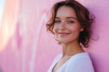 Fototapeta premium young smile caucasian woman in white dress on pink wall background. portrait of strong female for women's day, breast cancer awareness month