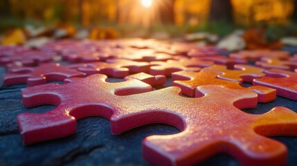 Warm-toned puzzle pieces on wooden surface with autumn leaves and sunlight