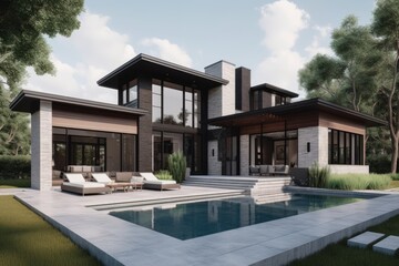 Fototapeta premium Modern Luxury Home With Pool And Landscaping