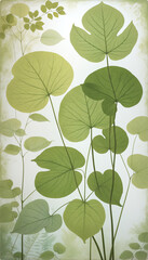 A delicate fresco-style composition of green leaves on a textured wall, blending botanical art with vintage aesthetics for a natural, airy look.