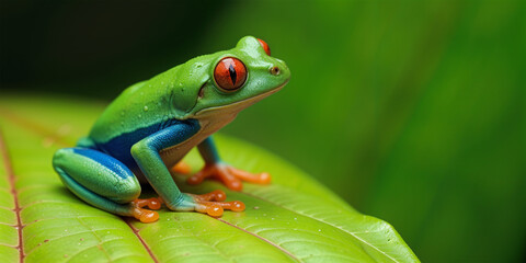 Obraz premium A green frog on a leaf at Rainey day