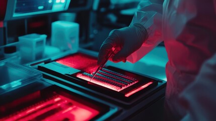 Gloved scientist carefully placing samples into a 96 well microplate using tweezers, conducting research in a modern laboratory with red and blue ambient light