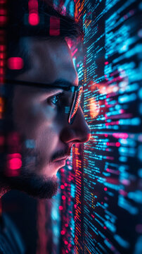 Close-up profile of software developer reading and analyzing source code on a large digital screen in a dimly lit room