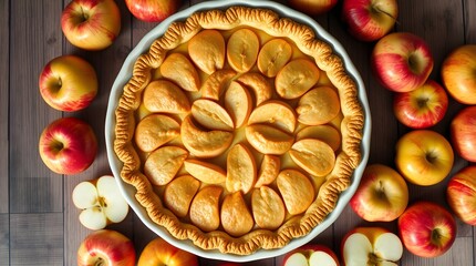stock photo overhead view of an autumn apple pie in a baking dish, surrounded by whole and halved apples on a wooden table. 