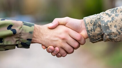 Two people wearing military uniforms shaking hands outdoors