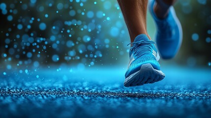 Dynamic Running Scene with Blue Shoes on a Wet Surface