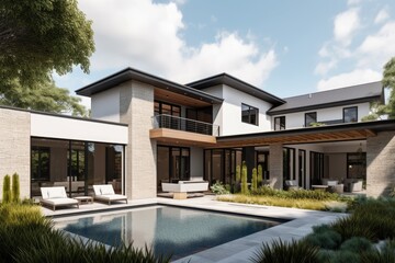 Modern House with Pool and Lush Landscaping