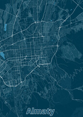 This is a detailed map of Almaty, Kazakhstan, rendered in a minimalist style. The map features a dark teal background with white lines representing streets and roads.