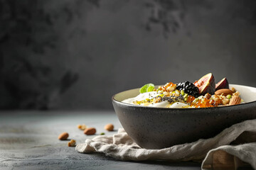 Healthy breakfast bowl with creamy yougurt, topped with seeds, nuts and local European fruits. Whole comfort breakfast, nutritive and functional.